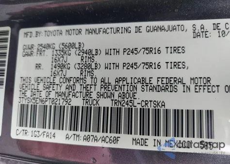 2023 Toyota Tacoma Sr from USA, damaged, VIN 3TYSX5EN6PT021792